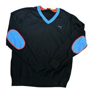 Puma Mens 3XL V-Neck Black Sweater with Blue Elbow Patches Trim and Logo